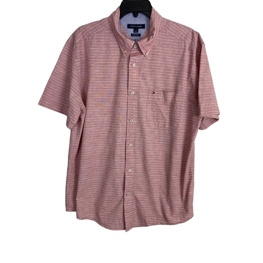 Tommy Hilfiger Mens Shirt Size Large Button Down Muted Red Striped Classic Fit